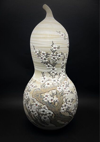 中国美術 瓢箪花瓶 花入 飾壺 陶藝 鉄骨生春 景徳鎮 名家熊軍作 木箱付き