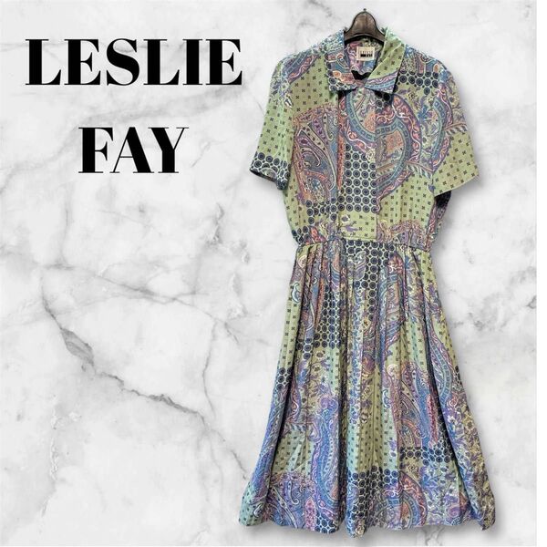 LESLIE FAY ロングワンピース 夏 個性的 輸入古着 USA オシャレ ヴィンテージ 総柄 80s 90s レトロ