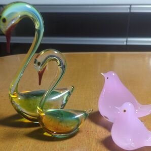 ガラス細工 置物 ピンク 白鳥 2個セット
