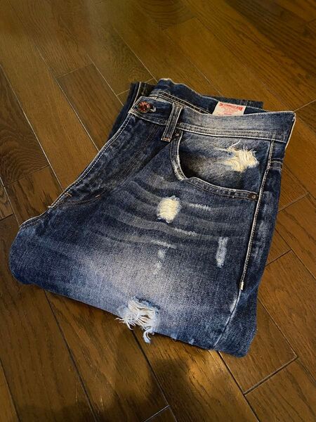 希少vintageダメージクラッシュヒゲデニムジーンズエイジング本革パッチシンチバックused ジーパン