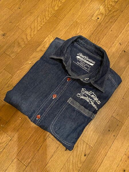 チェーンステッチ刺繍デニムジーンズダンガリーシャツジャケットカバーオールGジャンヒッコリーストライプ ビンテージウォッシュ加工L