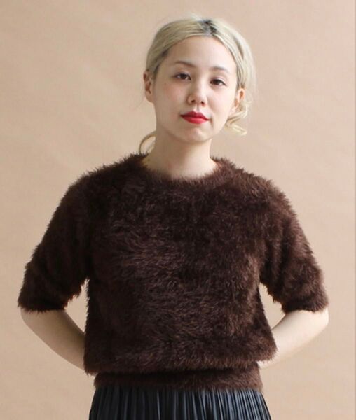 【I am I in fact...】 FEATHER ショートスリーブ ファーニット ブラウン フリーサイズ