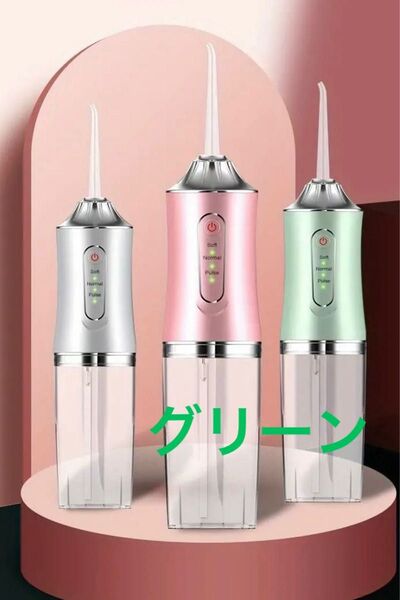 【新品】口腔洗浄器 充電ケーブル・ノズル4本 グリーン ジェットウォッシャー ウォーターピック