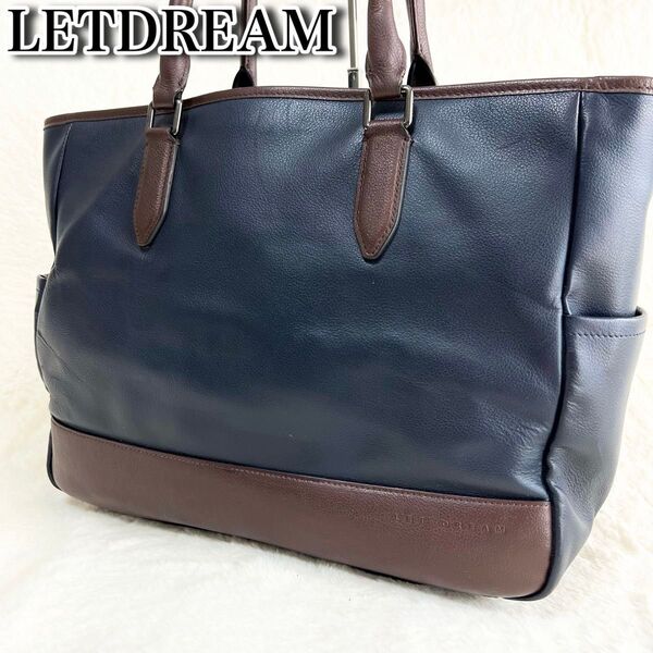 LETDREAM レットドリーム ビジネス トートバッグ 本革 レザー A4可 多収納 大容量 底鋲 自立 肩掛け バイカラー