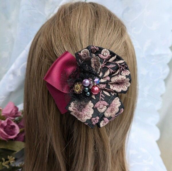 ★選べるパーツ ヘアアクセサリー ヘアゴムorバレッタorクリップorポニーフック インド刺繍リボン ビーズ飾り 清楚 1点物