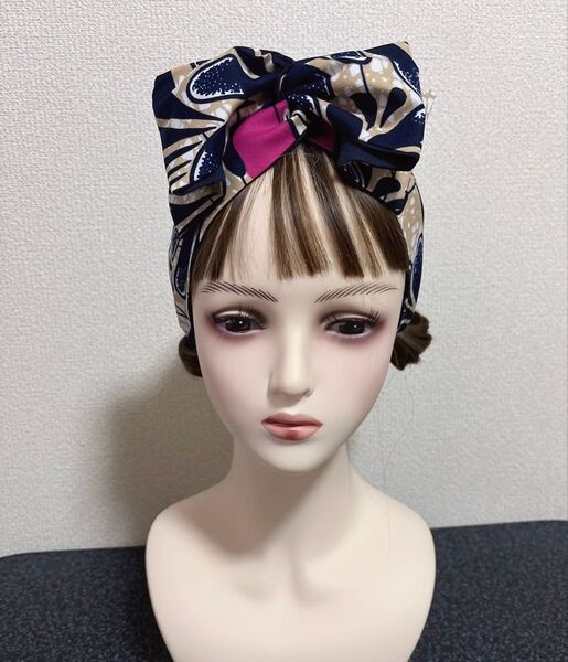 ワイヤー入りターバン アフリカ柄 ベージュピンク系