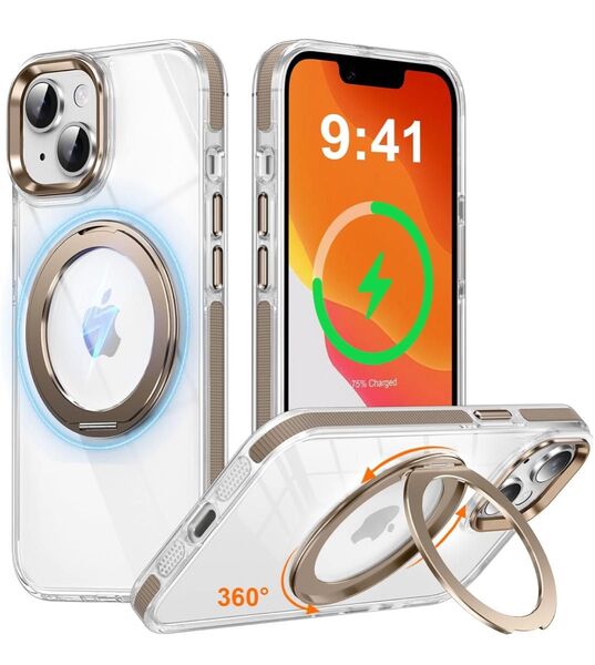 iPhone 15 用 ケース 多機能360度回転スタンド 縦横両用 マグネット搭載 MagSafe対応 滑り止めドット模様