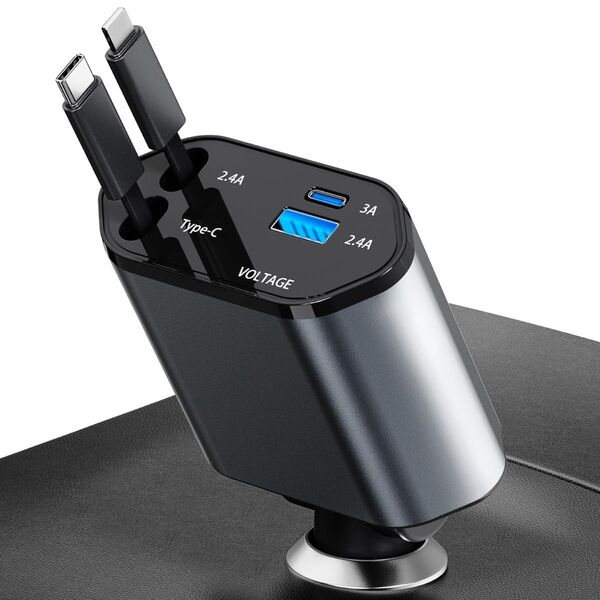2025超便利シガーソケット」 シガーソケット USB-C/USB 車載充電器 4in1USB充電器 巻き取り式充電ケーブル2本