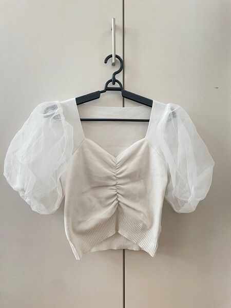 【GRL】パフスリーブ半袖ニットトップス ホワイト フリーサイズ