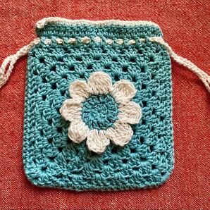 ハンドメイド 巾着袋 お花モチーフ ターコイズ