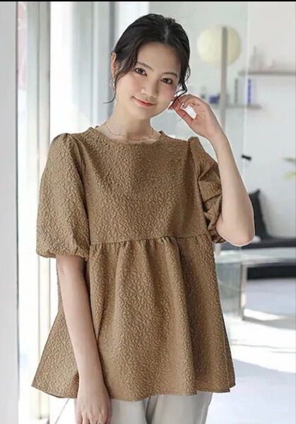 ペプラム トップスチェニック エンボス ジャガード バックリボン 夏服