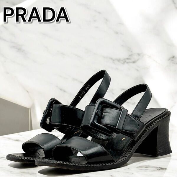 PRADA プラダ サンダル レザー 黒 ヒール6.5 35 1/2 23cm 本革 レディース ウィメンズ バックル ベルト