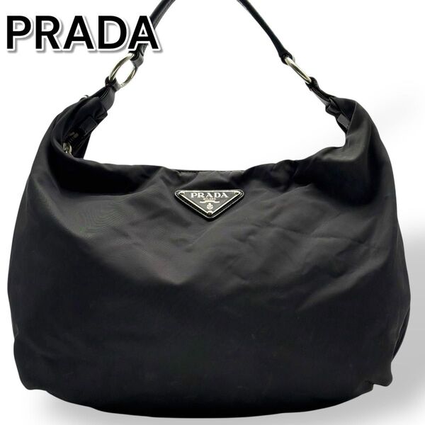 PRADA プラダ ワンショルダーバッグ ホーボー 黒 ナイロン 三角ロゴ ブラック ハンドバッグ ショルダーバッグ ナイロン