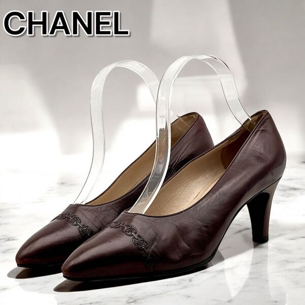 CHANEL シャネル ココマーク CCマーク パンプス 本革 レザー ボルドー 37 24cm ヒール7cm フォーマルパンプス