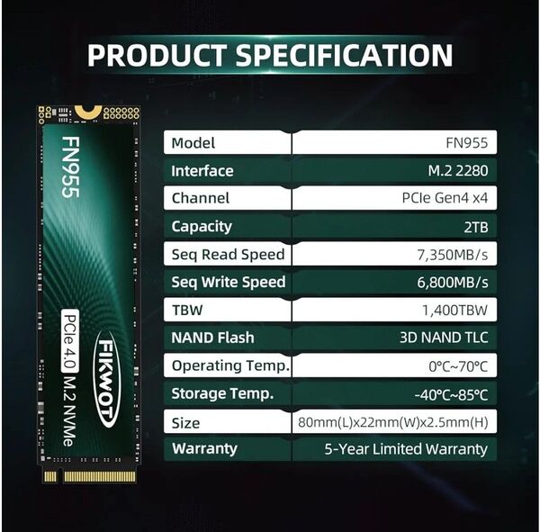FN955 SSD 2TB M.2 2280 PCIe Gen4 x4 NVMe 1.4 3D NAND TLC