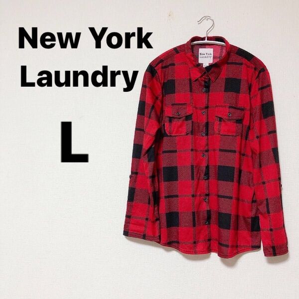 New York Laundry 【L】トップス赤黒チェック長袖シャツ ロールアップメンズレディース119