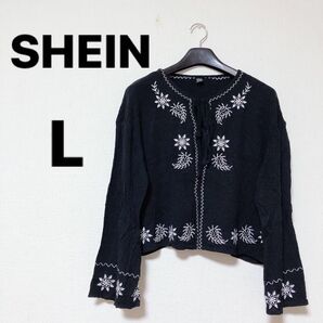 SHEIN【L】トップス黒ブラックフラワー刺繍 長袖シャツ ブラウス胸元リボン123
