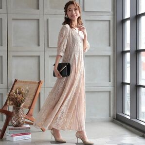 【新品】PREFERIR 総レースロングパーティー ワンピース ドレス 女子会 旅行 ロングワンピース S ベージュ