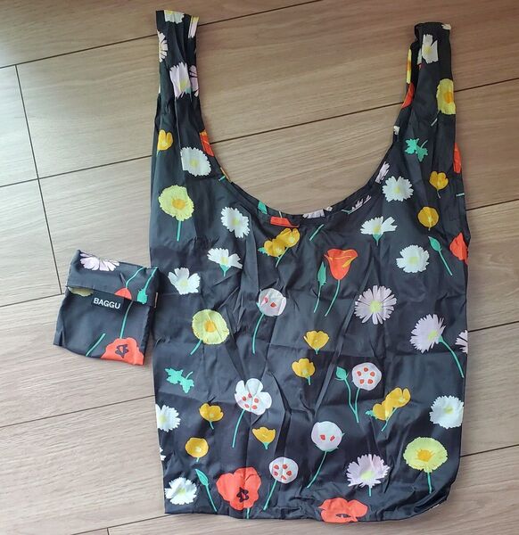 baggu フラワー ブラック スタンダード エコバッグ