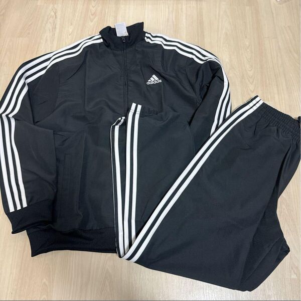 新品adidasメンズジャージ上下セットスリーストライプスMサイズ黒ダンスウエア アディダス ブラック セットアップ 黒