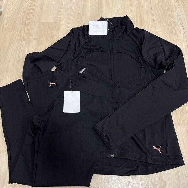 新品PUMAレディース薄手ジャージ上下セット フィットネスウエアMサイズ黒 ブラック パンツ ジャケット