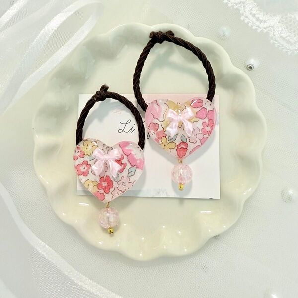 リバティ キラキラミシェル ハート キッズ ヘアゴム リボン ゆらゆら 髪飾り クラッシュビーズ ハンドメイド