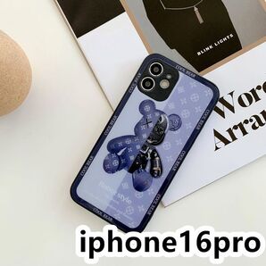 iphone16proケース 可愛い 熊 ガラス 軽量 ブルー492