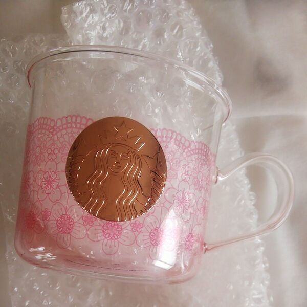 スターバックス マグメダル 耐熱グラス ガラス サイレン レース模様 桜 さくら クリア ピンク マグカップ 414ml