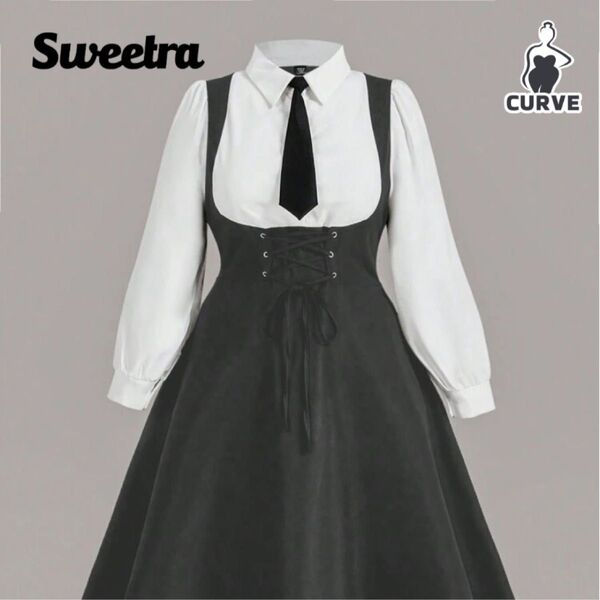 Sweetra プラスサイズのU字ネック無地コントラスト 前スリット SHEIN 2XL ネクタイ付き ネクタイ ワンピース