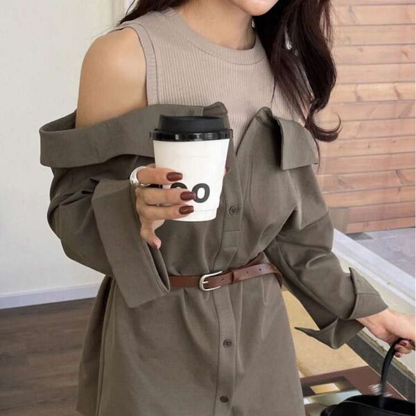 DAZY オフショルダーコントラストカラーブロック 長袖ルーズ取り外し可能ベルト レディースシャツ XL SHEIN