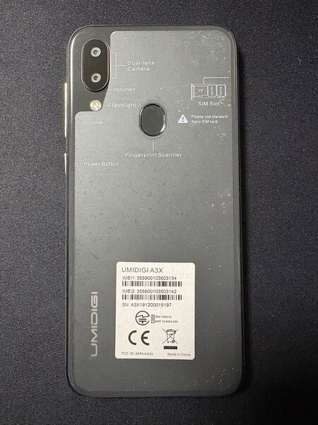 UMIDIGI A3X SIMフリースマートフォン Android10 HD+ 5.7インチ 指紋認証 技適認証済 au不可 中古