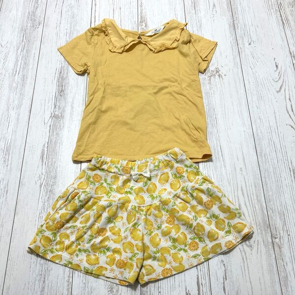 セットアップ 黄色 襟付きカットソー 花柄キュロット ショートパンツ 120 125 130