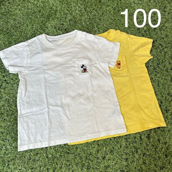 ディズニー ミッキー プーさん ポケット付き Tシャツ 半袖 刺繍 ユニクロ UNIQLO 100