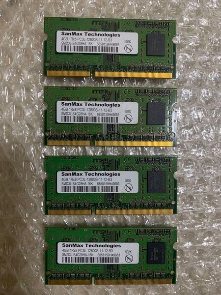SanMaxノートパソコン DDR3メモリー 4GB 1R×8 PC3L-12800S-11-12-B3 4個セット 合計16GB