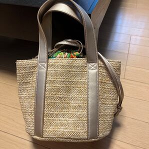 GU☆蜷川実花コラボ☆カゴバッグ☆ベージュ☆ゴールド 夏 巾着 ボタニカル柄