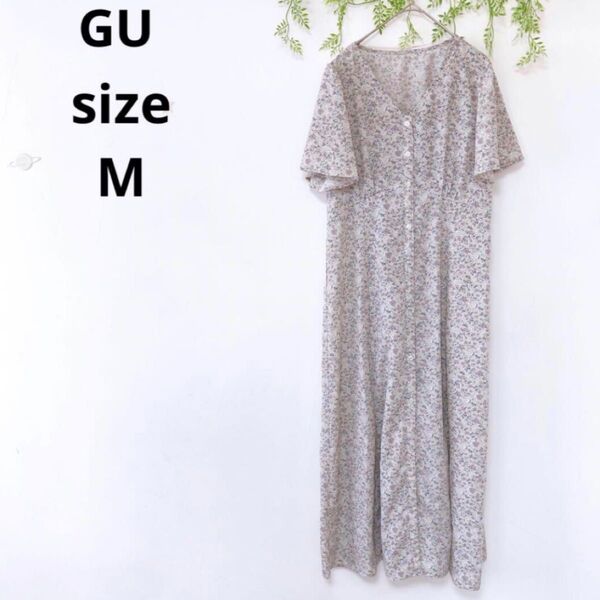 【GU】ジーユー シャツワンピースロング 花柄 半袖 Vネック