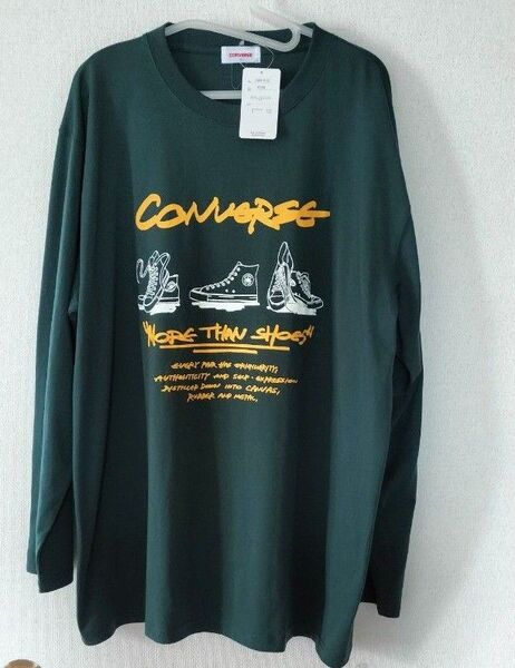 新品 4L CONVERSE 黒 長袖Tシャツ ロンT 大きいサイズ トップス スニーカー柄 グリーン