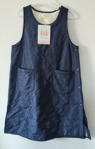 ジレ風エプロン M〜L 裏ボア(フリース) ロング丈 紺 新品 オシャレ ナチュラル