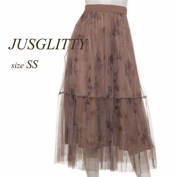 JUSGLITTY ジャスグリッティー フラワープリントチュールロングスカート ブラウン