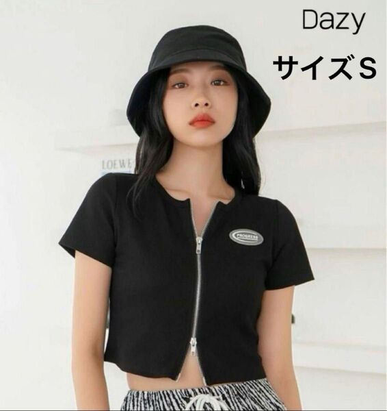 SHEIN DAZY 半袖 リブニット クロップド丈 ダブルジッパー ブラック サイズS