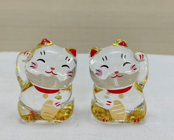 ガラス製 招き猫【左手 右手】クリスタル置物 ミニチュア招き猫 福招き 人招き お金招き ゴールド 風水 新品未使用
