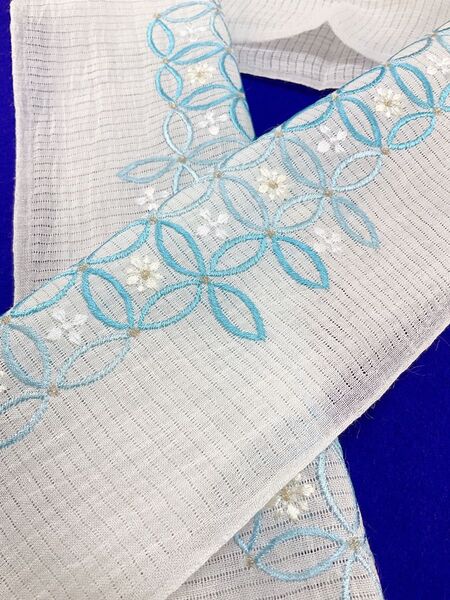夏半衿 本場小千谷縮 本麻 絽目 刺繍半衿 夏着物 浴衣にも 涼しげ 七宝 豪華 麻100% ブルー 新品未使用品 日本製