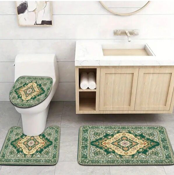 新品未使用 トイレマット3点セット おしゃれ グリーン 花柄