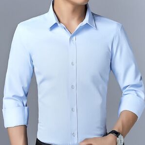 新品未使用!ワイシャツ 長袖 Yシャツ 細身 ビジネス 無地 冠婚葬祭 制服 就活 礼服 結婚式 Mサイズ 青 ブルー