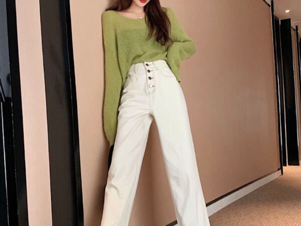 【新品・人気】ボタン ハイウエスト ストレート パンツ ジーンズ ホワイト