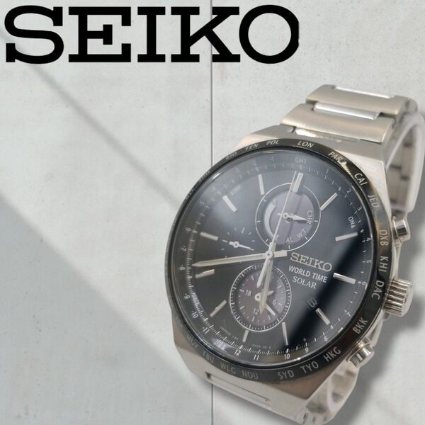 【美品】セイコー SEIKO ワールドタイム ソーラー クロノグラフ メンズ クオーツ 腕時計 クォーツ ビジネス ウォッチ