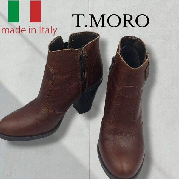 【極美品】T.MORO イタリア製 ショートブーツ ブーティ オールレザー 革靴 ヒール サイドジッパー 美脚 ブーツ