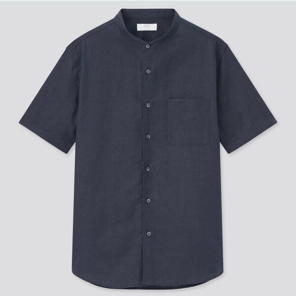 ユニクロ リネンコットン スタンドカラーシャツ 半袖 麻混 ネイビー L UNIQLO 半袖シャツ 半袖