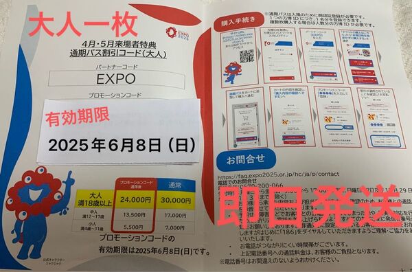【有効期限2025年6月8日(日)】大阪 関西 万博 通期パス 割引コード 大人1枚 即日発送