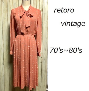  Showa Retro old clothes 70's~80's chiffon pleat One-piece 9 about pink Vintage retro modern *23